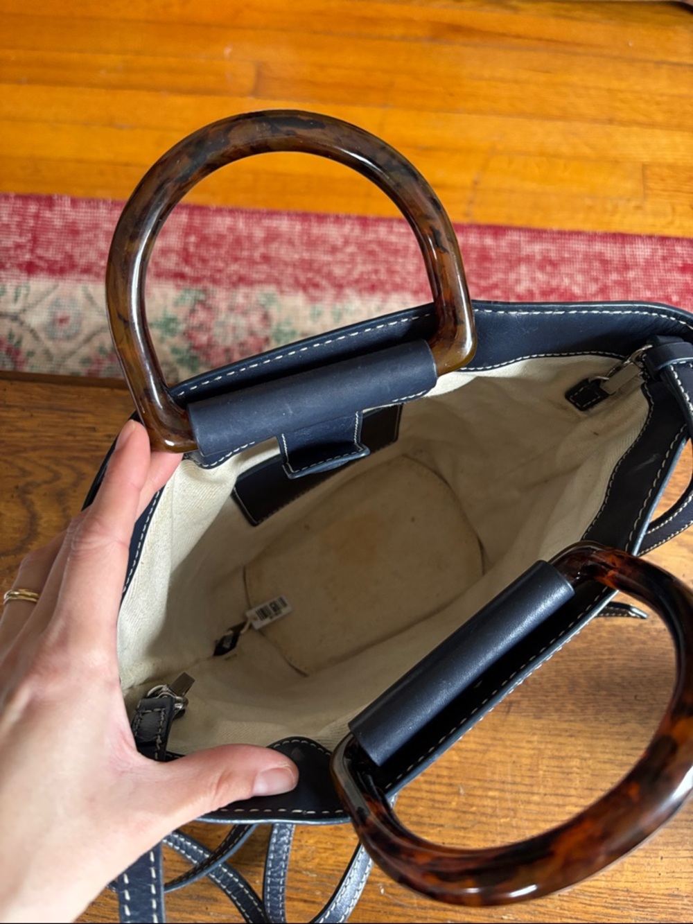 Loeffler Randall Navy Blue Leather Bucket Bag Purse with Tortoiseshell Handle - Picture 5 of 7